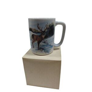 Vintage White Ceramic Buck Deer Creek Snow Scene Mug By Otagiri Japan With Box